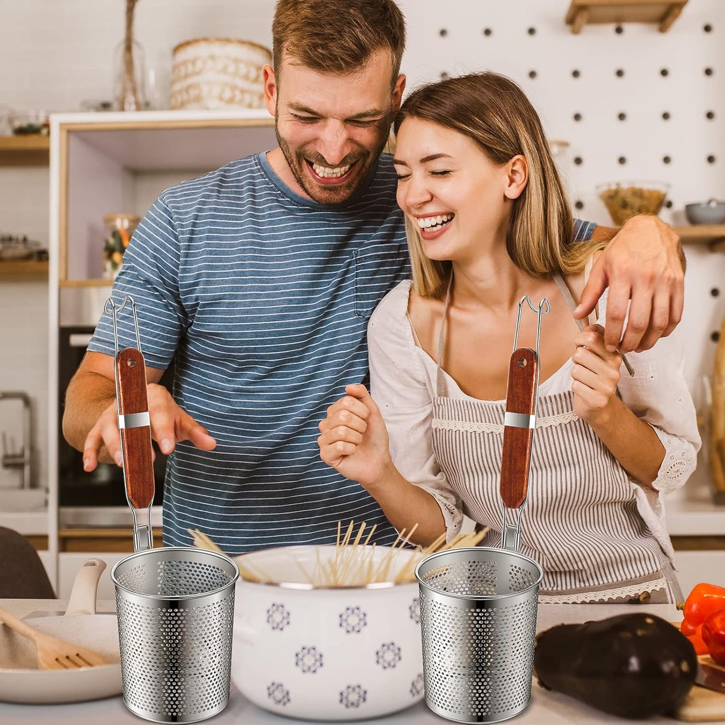4 Pcs Pasta Strainer, 4.7" x 5.2'' Stainless Steel Pasta Basket Mesh Cooker with Wood Handle, Spider Strainer Kitchen Skimmer for Food Dumpling Noodle Blanching(Dark Color)
