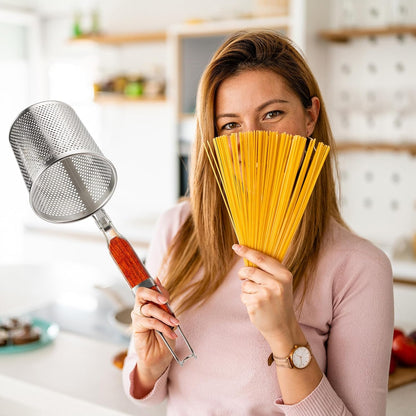4 Pcs Pasta Strainer, 4.7" x 5.2'' Stainless Steel Pasta Basket Mesh Cooker with Wood Handle, Spider Strainer Kitchen Skimmer for Food Dumpling Noodle Blanching(Dark Color)