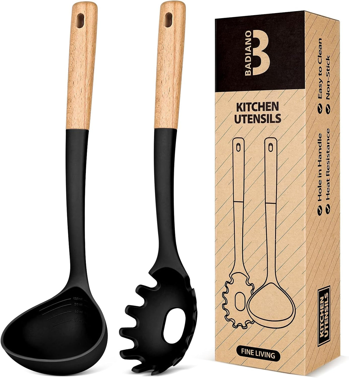 Pasta Fork and Ladle Set, Perfect for Serving Hot Soup, Stirring, and Sauce Pasta, BPA-Free Matte Silicone, Wood Handle Spaghetti Spoon for Nonstick Cooking Surfaces (Grey)