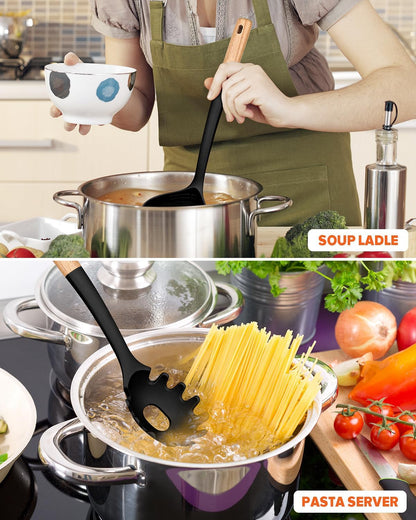 Pasta Fork and Ladle Set, Perfect for Serving Hot Soup, Stirring, and Sauce Pasta, BPA-Free Matte Silicone, Wood Handle Spaghetti Spoon for Nonstick Cooking Surfaces (Grey)