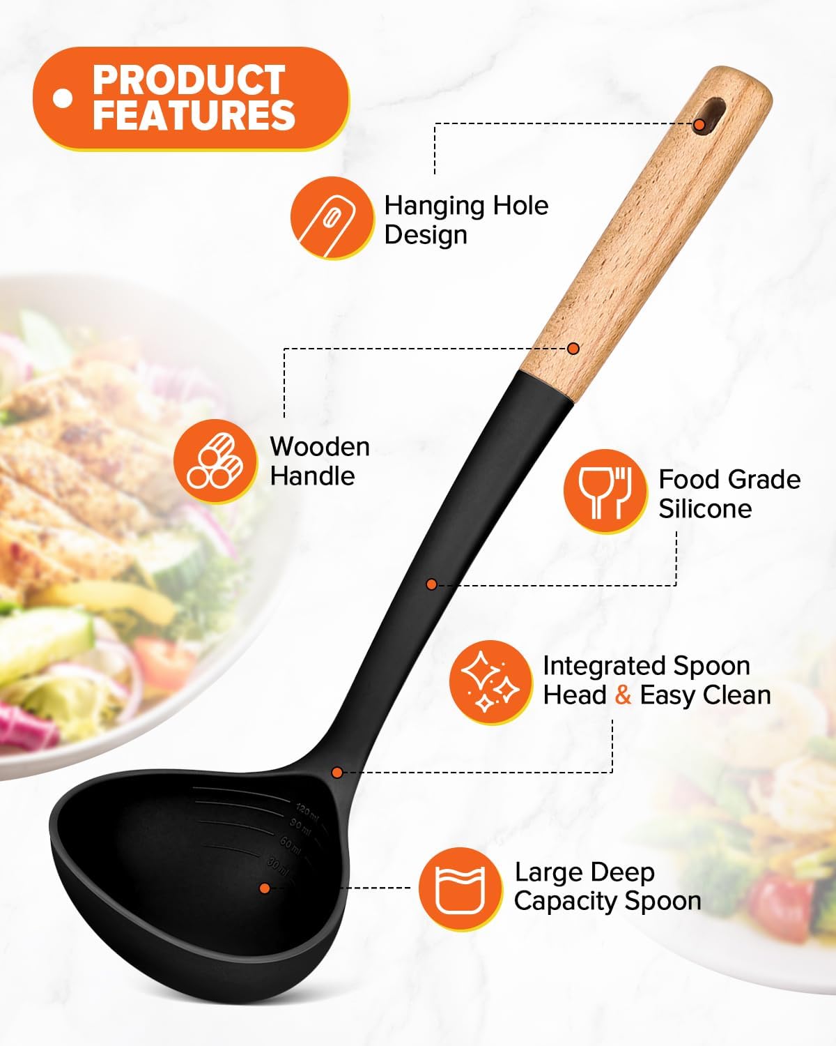 Pasta Fork and Ladle Set, Perfect for Serving Hot Soup, Stirring, and Sauce Pasta, BPA-Free Matte Silicone, Wood Handle Spaghetti Spoon for Nonstick Cooking Surfaces (Grey)