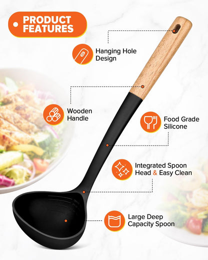 Pasta Fork and Ladle Set, Perfect for Serving Hot Soup, Stirring, and Sauce Pasta, BPA-Free Matte Silicone, Wood Handle Spaghetti Spoon for Nonstick Cooking Surfaces (Grey)