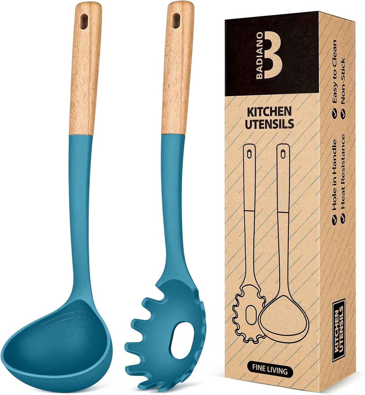 Pasta Fork and Ladle Set, Perfect for Serving Hot Soup, Stirring, and Sauce Pasta, BPA-Free Matte Silicone, Wood Handle Spaghetti Spoon for Nonstick Cooking Surfaces (Grey)