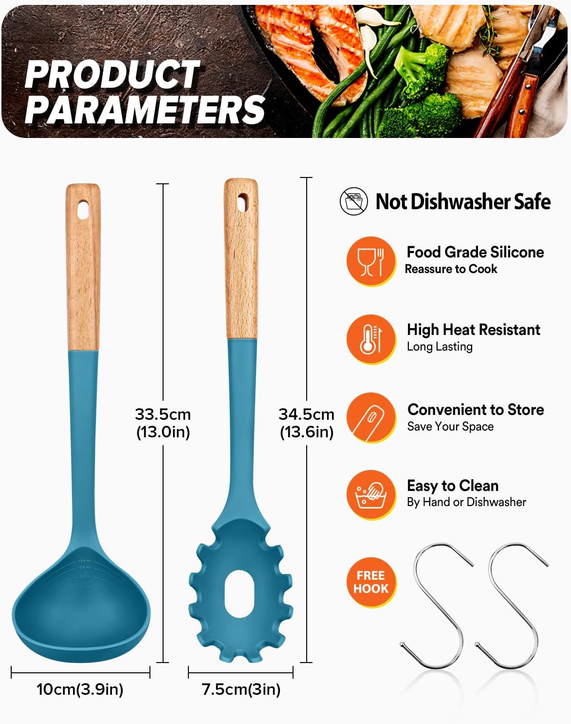 Pasta Fork and Ladle Set, Perfect for Serving Hot Soup, Stirring, and Sauce Pasta, BPA-Free Matte Silicone, Wood Handle Spaghetti Spoon for Nonstick Cooking Surfaces (Grey)