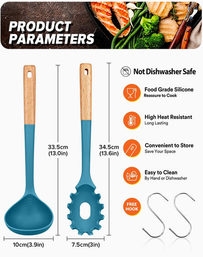 Pasta Fork and Ladle Set, Perfect for Serving Hot Soup, Stirring, and Sauce Pasta, BPA-Free Matte Silicone, Wood Handle Spaghetti Spoon for Nonstick Cooking Surfaces (Grey)