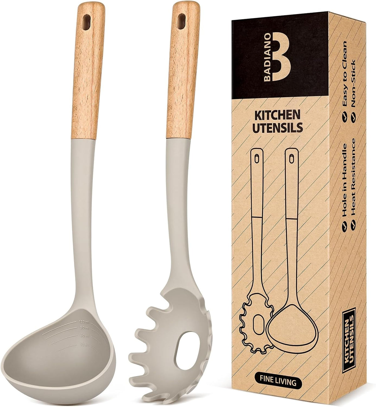 Pasta Fork and Ladle Set, Perfect for Serving Hot Soup, Stirring, and Sauce Pasta, BPA-Free Matte Silicone, Wood Handle Spaghetti Spoon for Nonstick Cooking Surfaces (Grey)