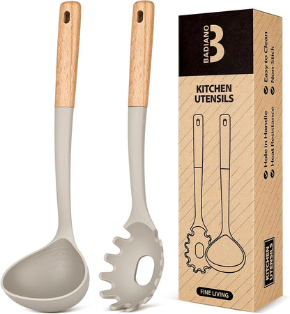 Pasta Fork and Ladle Set, Perfect for Serving Hot Soup, Stirring, and Sauce Pasta, BPA-Free Matte Silicone, Wood Handle Spaghetti Spoon for Nonstick Cooking Surfaces (Grey)