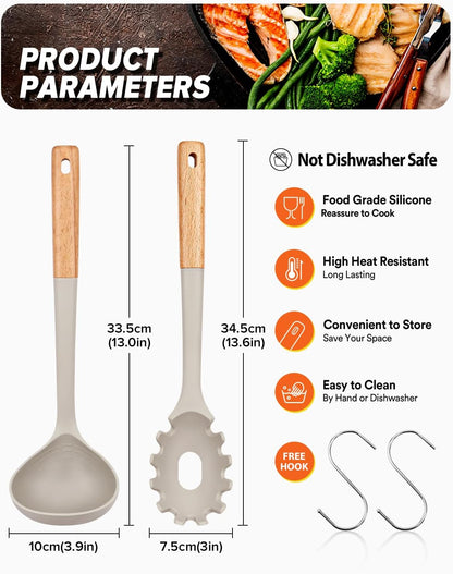 Pasta Fork and Ladle Set, Perfect for Serving Hot Soup, Stirring, and Sauce Pasta, BPA-Free Matte Silicone, Wood Handle Spaghetti Spoon for Nonstick Cooking Surfaces (Grey)