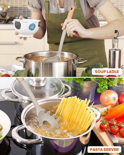 Pasta Fork and Ladle Set, Perfect for Serving Hot Soup, Stirring, and Sauce Pasta, BPA-Free Matte Silicone, Wood Handle Spaghetti Spoon for Nonstick Cooking Surfaces (Grey)