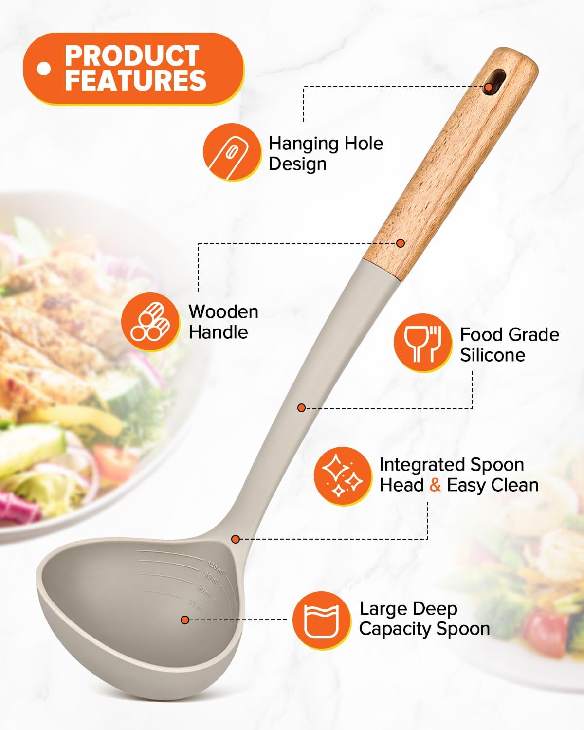 Pasta Fork and Ladle Set, Perfect for Serving Hot Soup, Stirring, and Sauce Pasta, BPA-Free Matte Silicone, Wood Handle Spaghetti Spoon for Nonstick Cooking Surfaces (Grey)