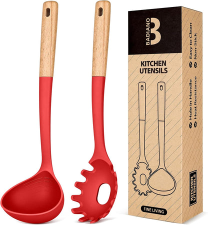 Pasta Fork and Ladle Set, Perfect for Serving Hot Soup, Stirring, and Sauce Pasta, BPA-Free Matte Silicone, Wood Handle Spaghetti Spoon for Nonstick Cooking Surfaces (Grey)