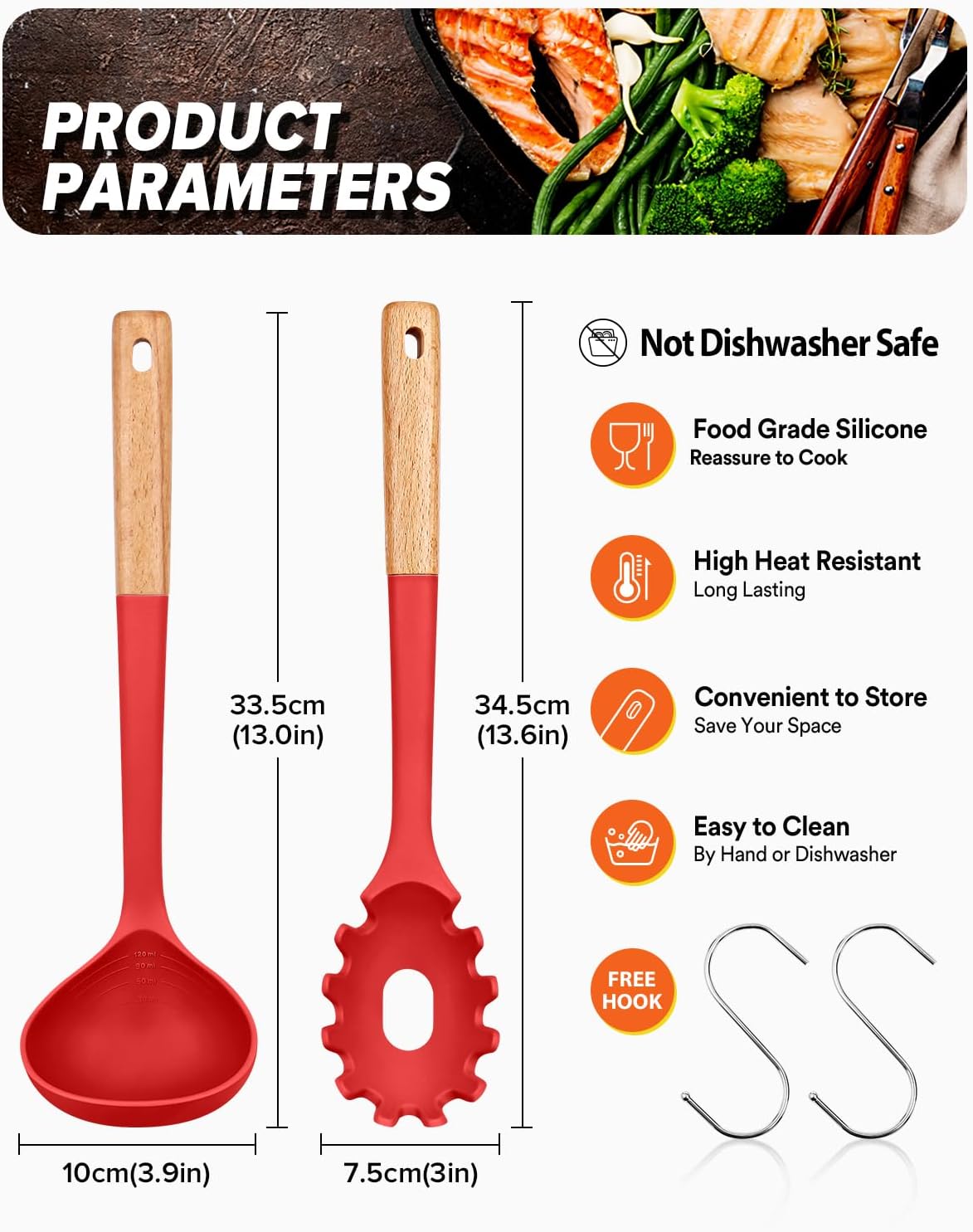 Pasta Fork and Ladle Set, Perfect for Serving Hot Soup, Stirring, and Sauce Pasta, BPA-Free Matte Silicone, Wood Handle Spaghetti Spoon for Nonstick Cooking Surfaces (Grey)