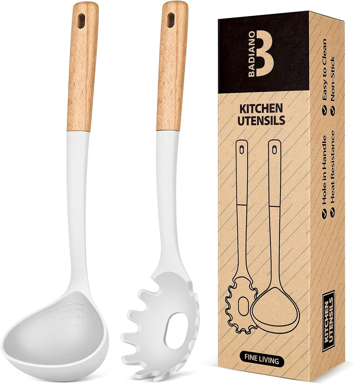 Pasta Fork and Ladle Set, Perfect for Serving Hot Soup, Stirring, and Sauce Pasta, BPA-Free Matte Silicone, Wood Handle Spaghetti Spoon for Nonstick Cooking Surfaces (Grey)