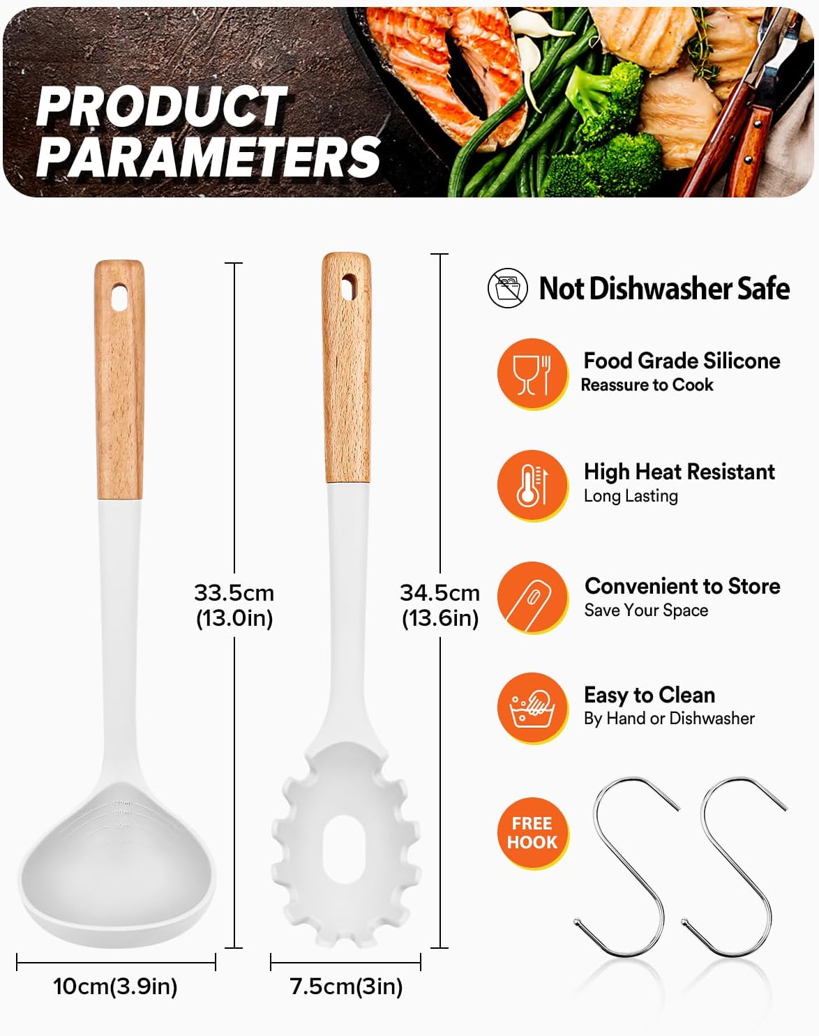Pasta Fork and Ladle Set, Perfect for Serving Hot Soup, Stirring, and Sauce Pasta, BPA-Free Matte Silicone, Wood Handle Spaghetti Spoon for Nonstick Cooking Surfaces (Grey)