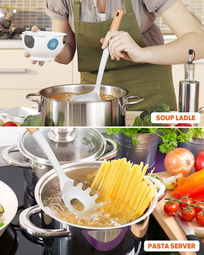 Pasta Fork and Ladle Set, Perfect for Serving Hot Soup, Stirring, and Sauce Pasta, BPA-Free Matte Silicone, Wood Handle Spaghetti Spoon for Nonstick Cooking Surfaces (Grey)