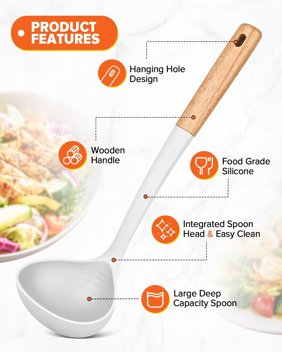 Pasta Fork and Ladle Set, Perfect for Serving Hot Soup, Stirring, and Sauce Pasta, BPA-Free Matte Silicone, Wood Handle Spaghetti Spoon for Nonstick Cooking Surfaces (Grey)