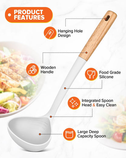 Pasta Fork and Ladle Set, Perfect for Serving Hot Soup, Stirring, and Sauce Pasta, BPA-Free Matte Silicone, Wood Handle Spaghetti Spoon for Nonstick Cooking Surfaces (Grey)