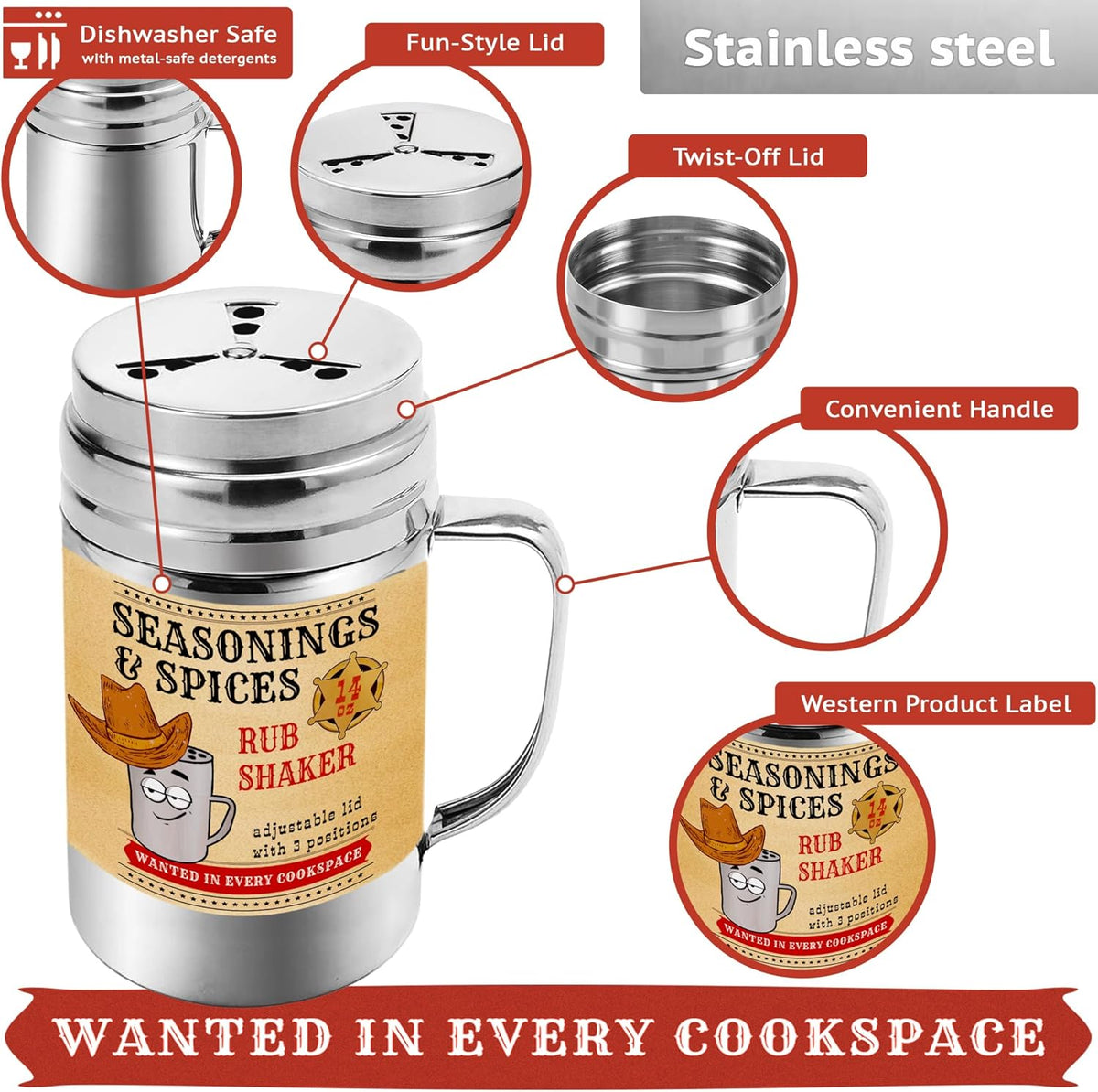 CUSINIUM [Pack of 2] 10 oz Seasonings Spice Shakers - BBQ Dry Rub Shakers - Cooking Dredge with Adjustable Fan-Style Lid and Handles