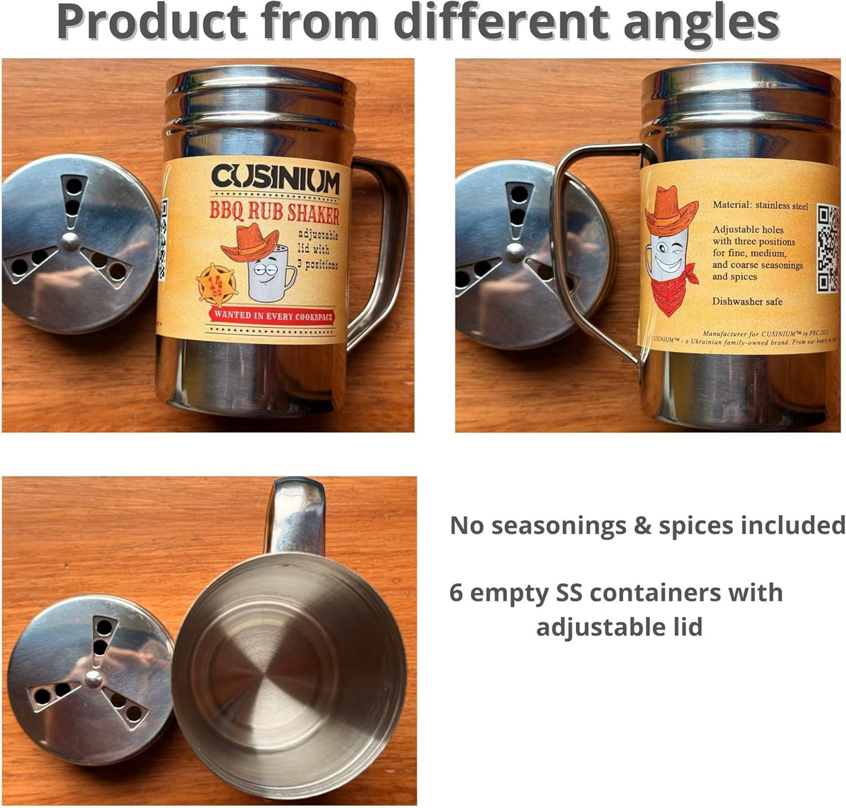 CUSINIUM [Pack of 2] 10 oz Seasonings Spice Shakers - BBQ Dry Rub Shakers - Cooking Dredge with Adjustable Fan-Style Lid and Handles