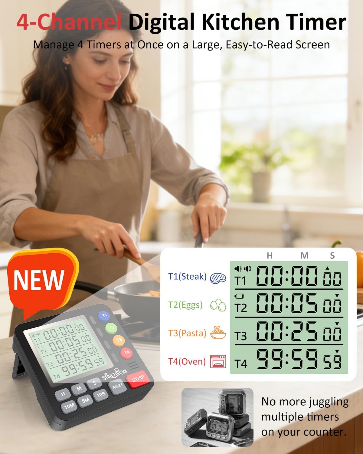 Digital Kitchen Timer with 4 Channel, Loud Alarm and Silent Mode