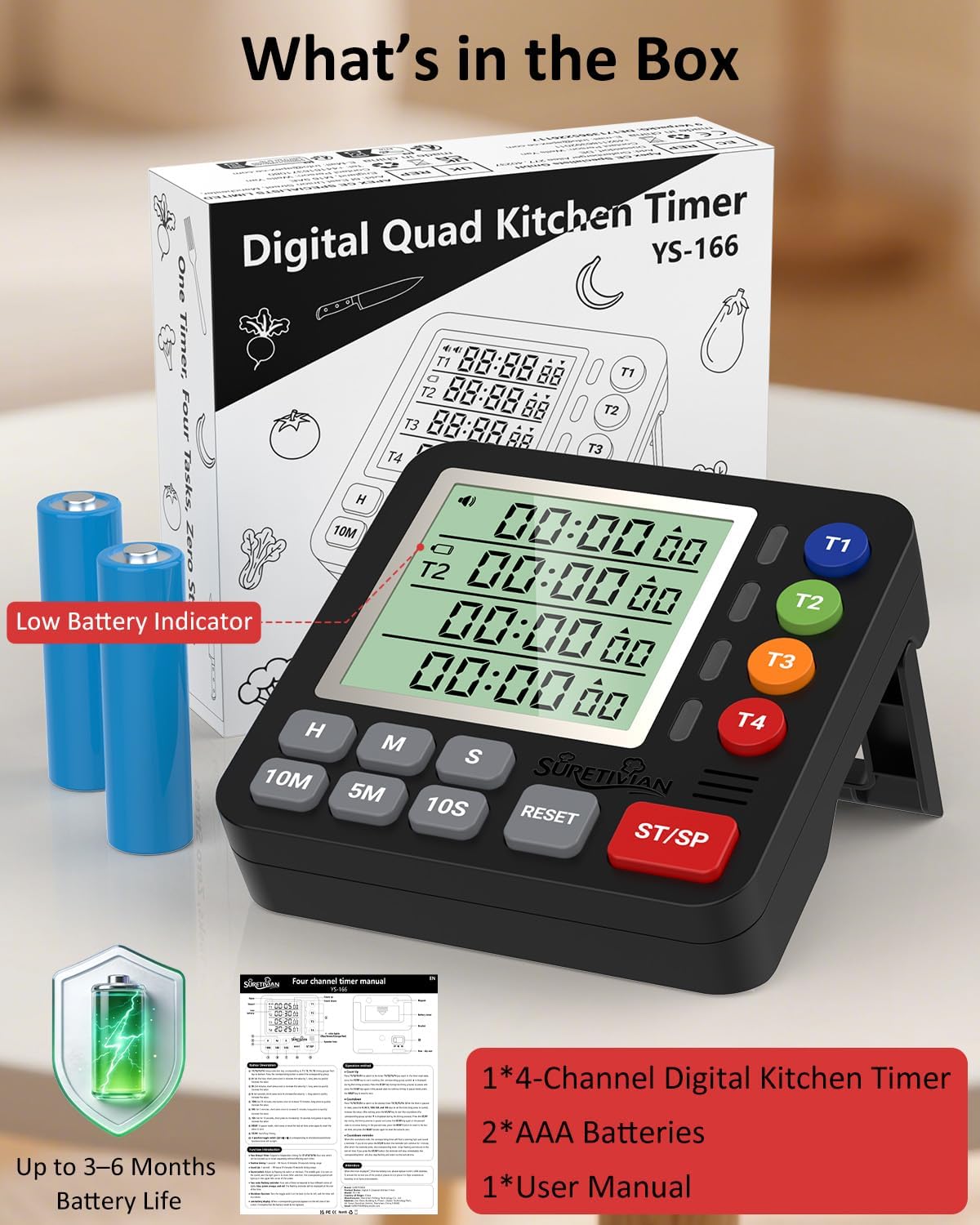 Digital Kitchen Timer with 4 Channel, Loud Alarm and Silent Mode