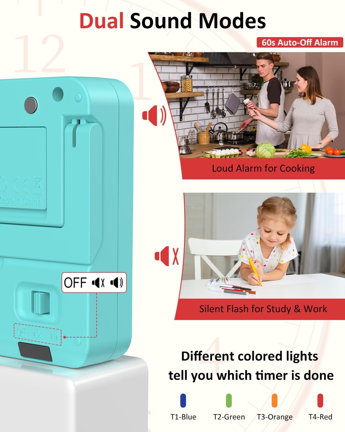 Digital Kitchen Timer with 4 Channel, Loud Alarm and Silent Mode