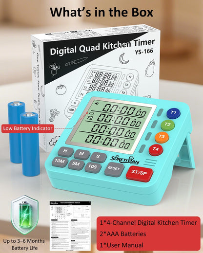Digital Kitchen Timer with 4 Channel, Loud Alarm and Silent Mode