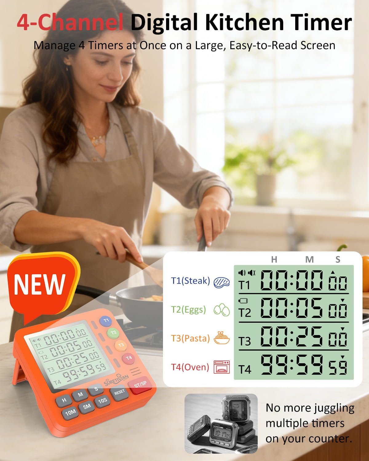 Digital Kitchen Timer with 4 Channel, Loud Alarm and Silent Mode