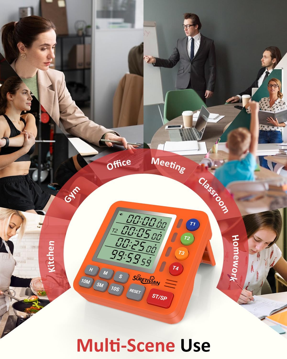 Digital Kitchen Timer with 4 Channel, Loud Alarm and Silent Mode