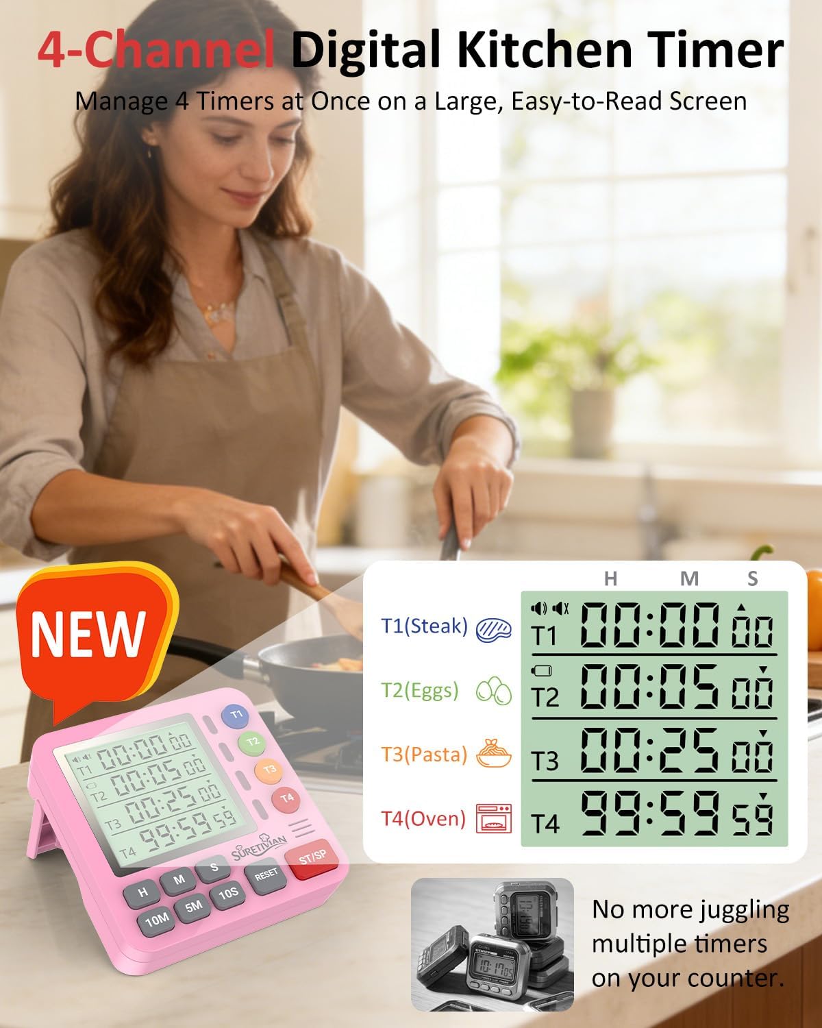 Digital Kitchen Timer with 4 Channel, Loud Alarm and Silent Mode