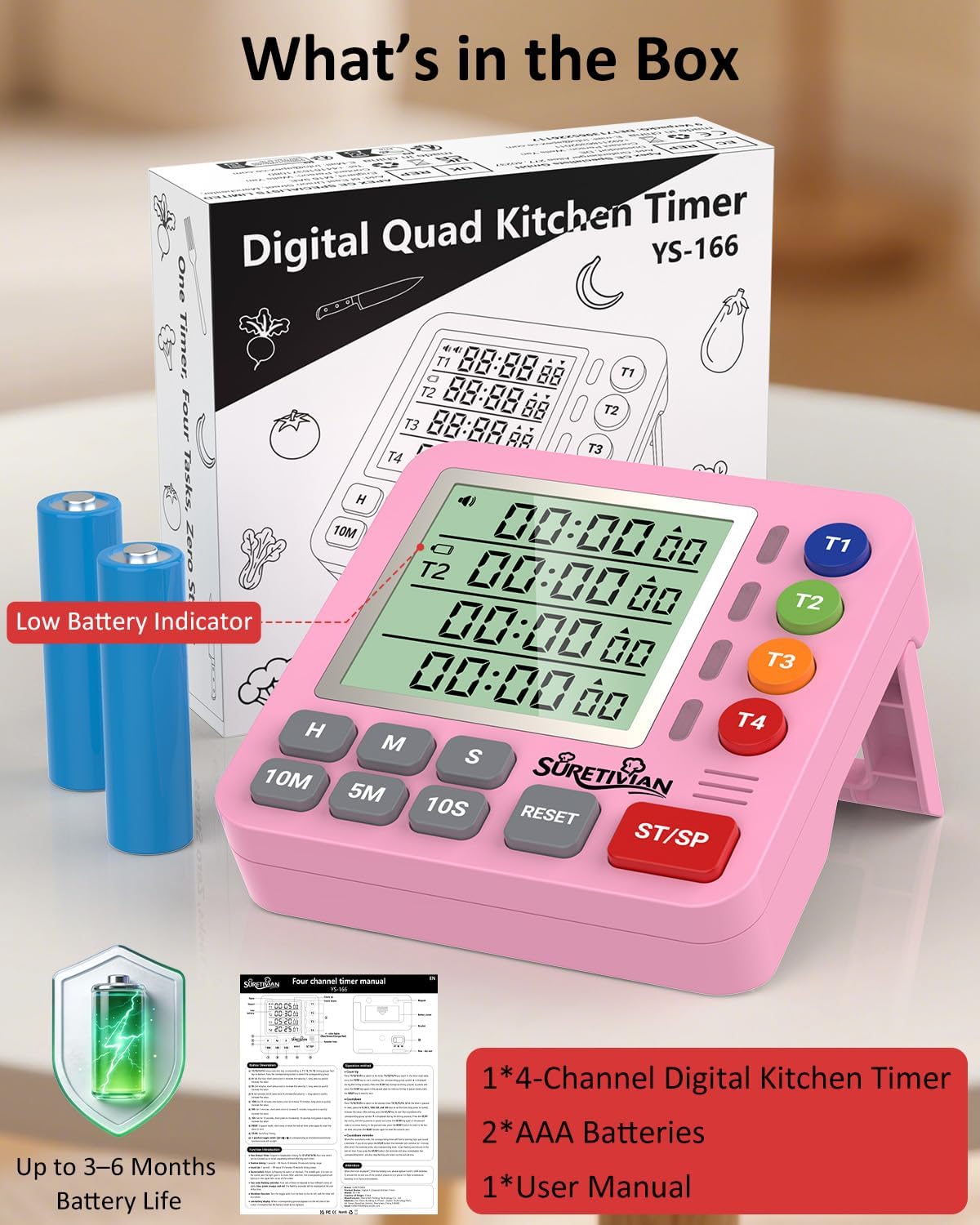Digital Kitchen Timer with 4 Channel, Loud Alarm and Silent Mode