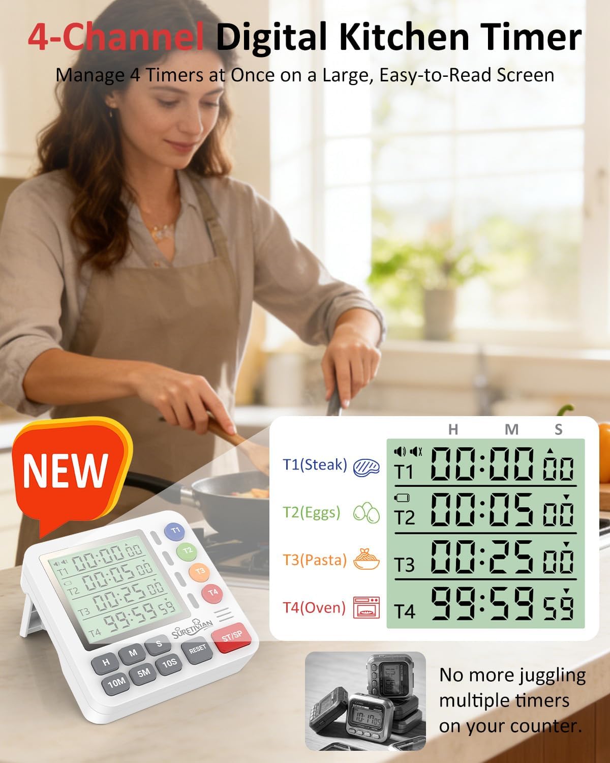 Digital Kitchen Timer with 4 Channel, Loud Alarm and Silent Mode