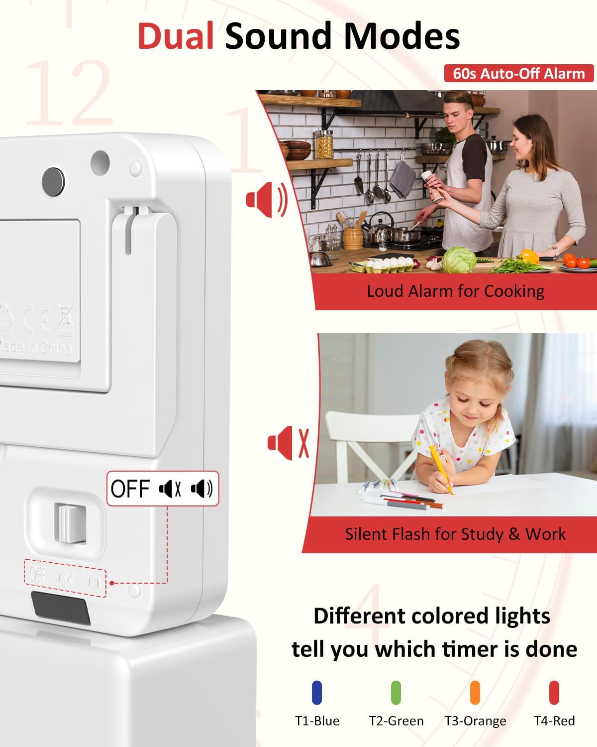 Digital Kitchen Timer with 4 Channel, Loud Alarm and Silent Mode