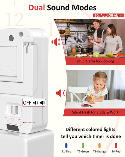 Digital Kitchen Timer with 4 Channel, Loud Alarm and Silent Mode