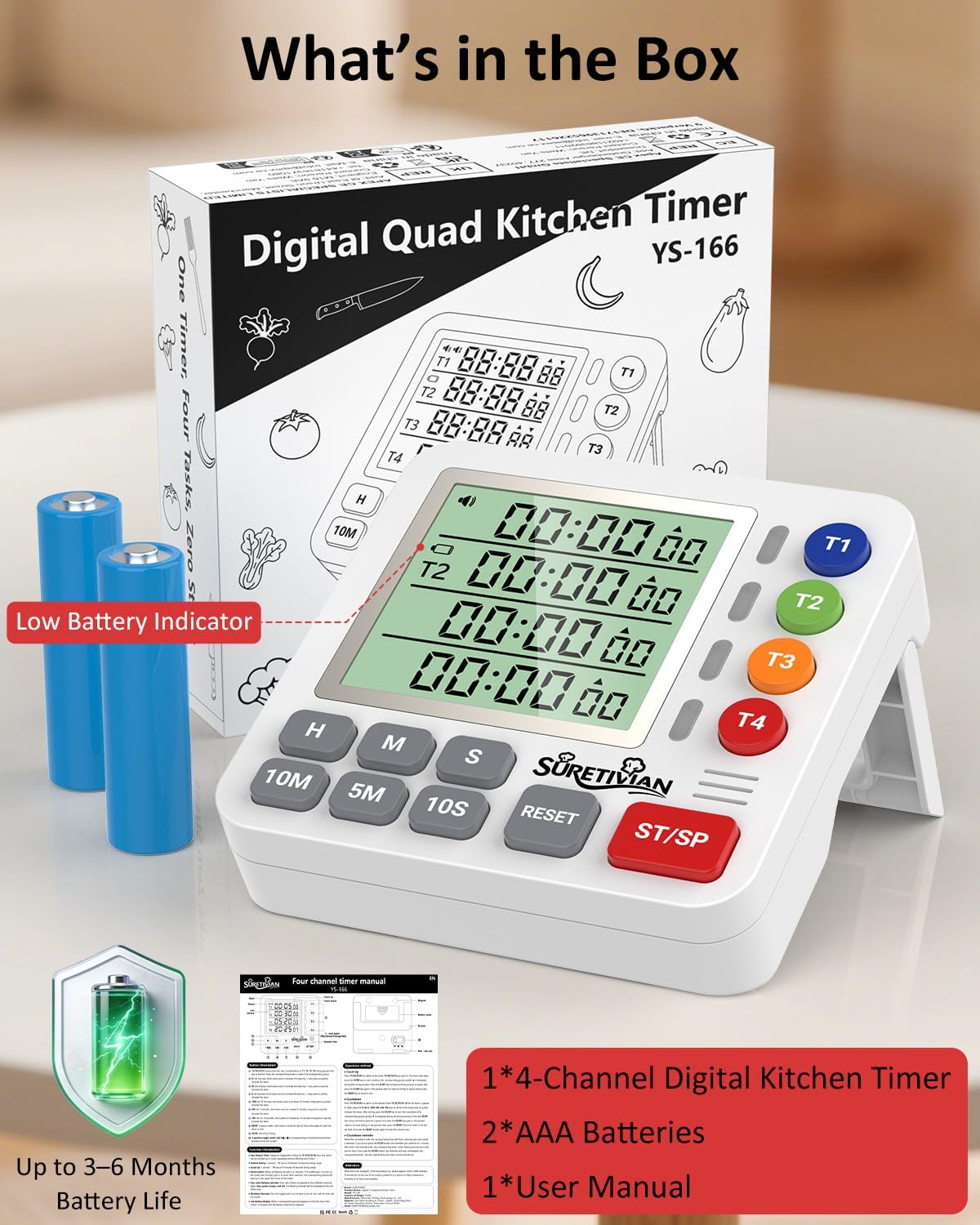 Digital Kitchen Timer with 4 Channel, Loud Alarm and Silent Mode