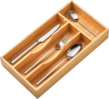 Bamboo Kitchen Drawer Organizer, 7 Inch Silverware Utensils Tray Holder for Small Drawer, Wood Caddy for Flatware Cutlery Knives