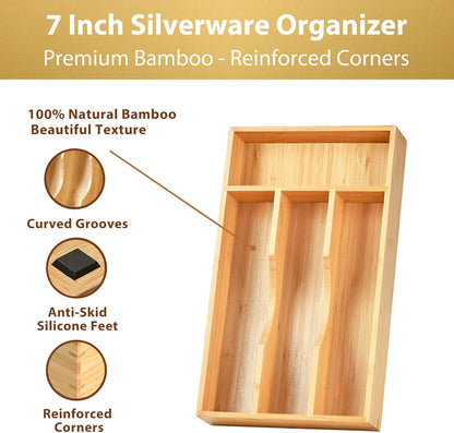 Bamboo Kitchen Drawer Organizer, 7 Inch Silverware Utensils Tray Holder for Small Drawer, Wood Caddy for Flatware Cutlery Knives