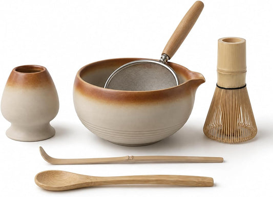 Matcha Whisk Set, 6-Piece Matcha Kit with Bamboo Whisk, Handmade Ceramic Matcha Bowl with Scoop, Holder & Sifter - Traditional Japanese Tea Ceremony Set, Matcha Gift Set for Beginners