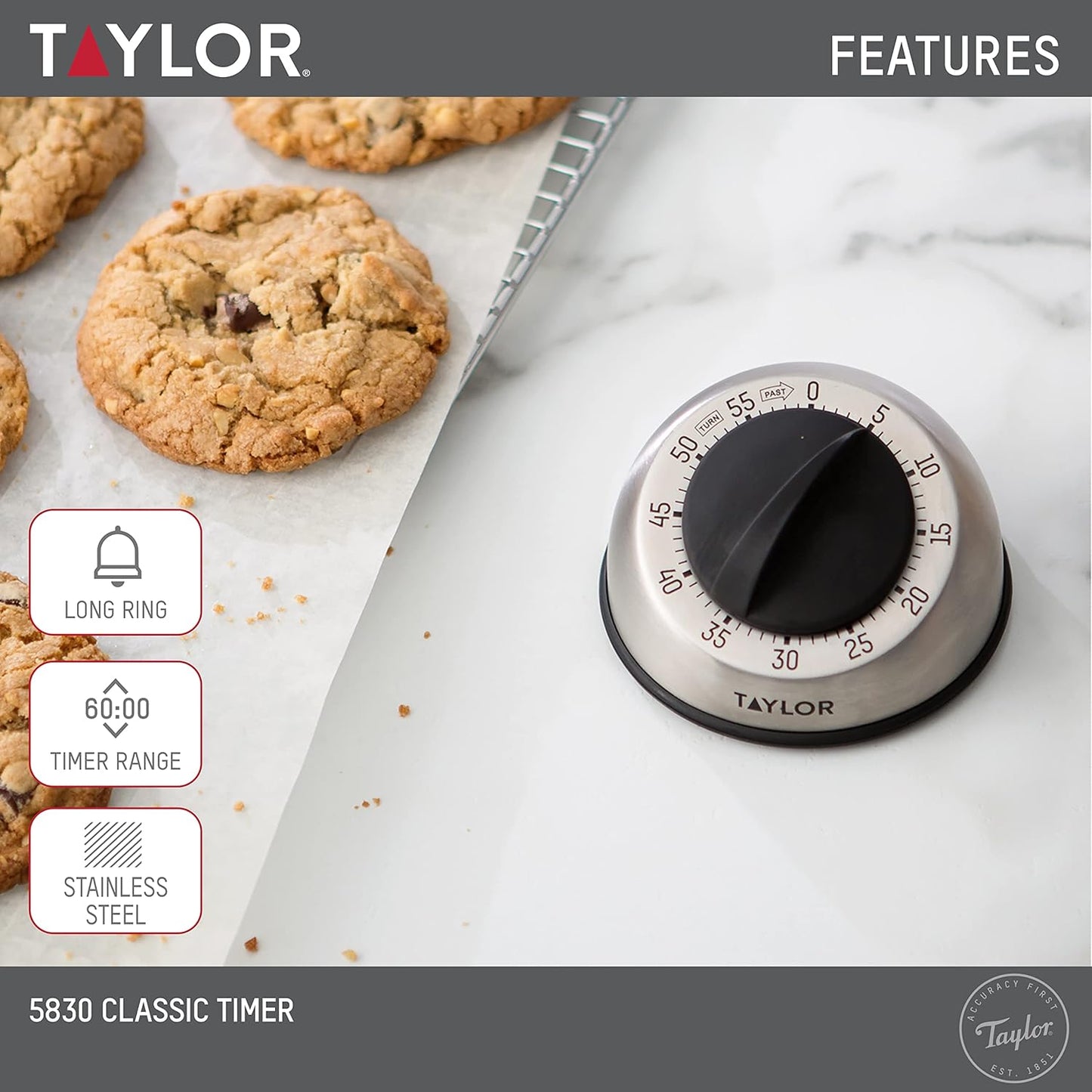 Mechanical Timer, Countdown with Easy-Turn Dial and Loud Ring Alarm, Compact Tool for Cooking, Baking, Classroom Activities, Homework, Studying, Projects, Stainless Steel