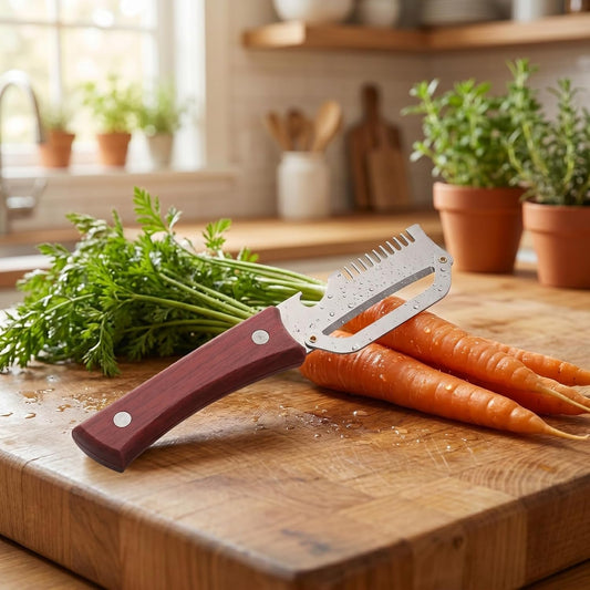 2pcs Multifunctional Vegetable Peeler for Kitchen, 3-in-1 Stainless Steel Peeler with Julienne Cutter and Bottle Opener, Ergonomic Wooden Handle Veggie Slicing Tool for Fruits Potatoes Carrots