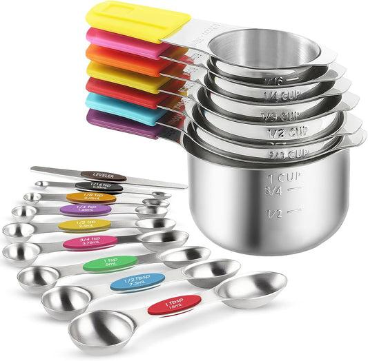 16PCS Magnetic Measuring Cups & Spoons Set,Heavy Duty 304 Stainless Steel，Double Measurement Easy to Read Markings with Leveler for Measure Dry or Liquid Ingredients