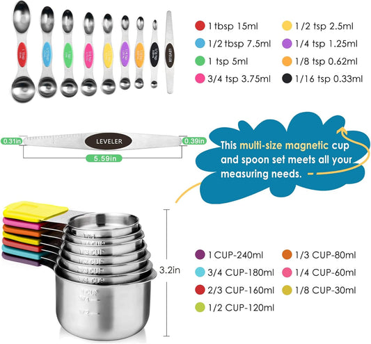 16PCS Magnetic Measuring Cups & Spoons Set,Heavy Duty 304 Stainless Steel，Double Measurement Easy to Read Markings with Leveler for Measure Dry or Liquid Ingredients