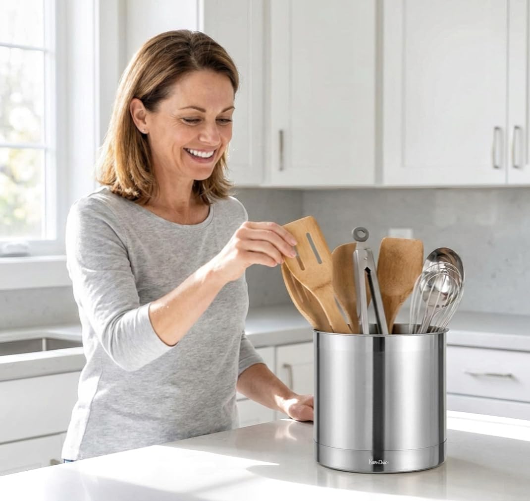 7" Wide Large Utensil Holder Stainless Steel, 6.2" Deep | Jumbo 7.0" H 7.0" W, Doubled Heavy Base for Stable