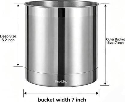 7" Wide Large Utensil Holder Stainless Steel, 6.2" Deep | Jumbo 7.0" H 7.0" W, Doubled Heavy Base for Stable