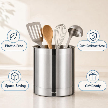 7" Wide Large Utensil Holder Stainless Steel, 6.2" Deep | Jumbo 7.0" H 7.0" W, Doubled Heavy Base for Stable