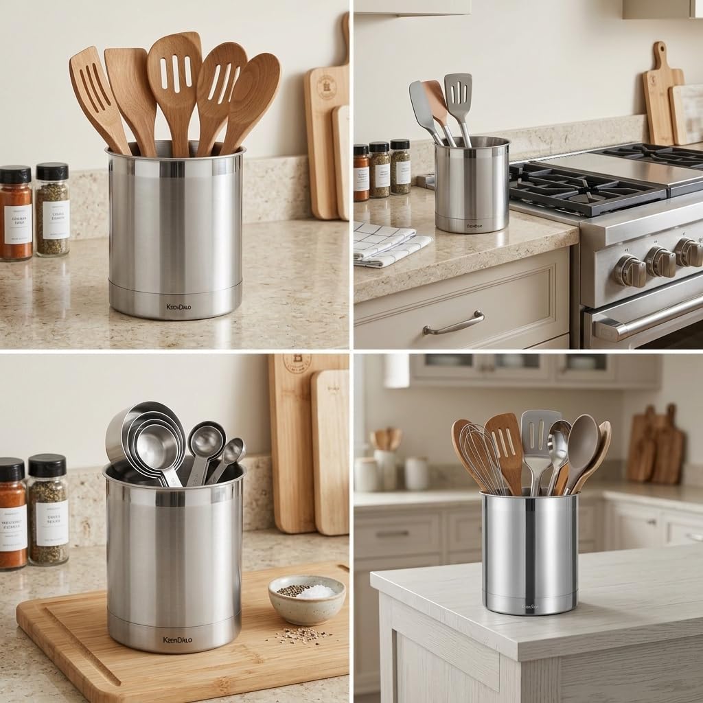 7" Wide Large Utensil Holder Stainless Steel, 6.2" Deep | Jumbo 7.0" H 7.0" W, Doubled Heavy Base for Stable
