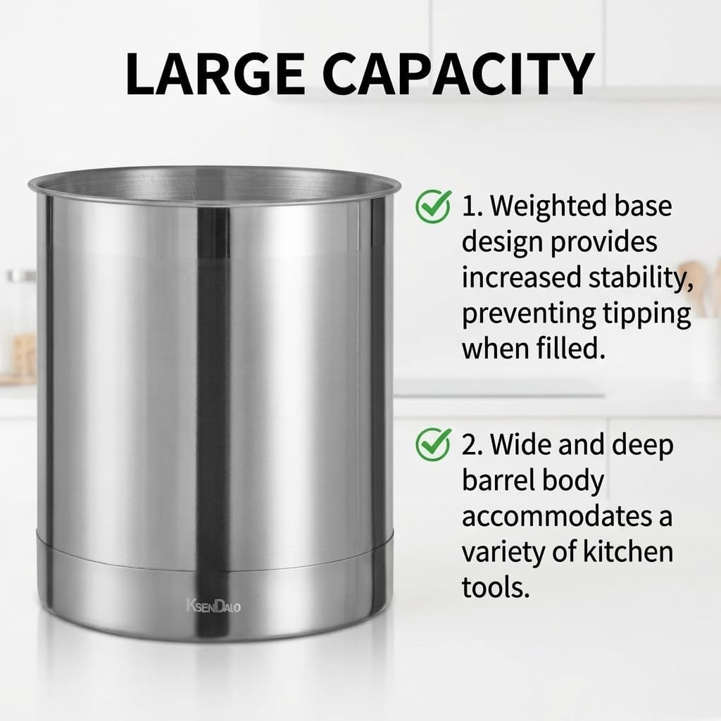 7" Wide Large Utensil Holder Stainless Steel, 6.2" Deep | Jumbo 7.0" H 7.0" W, Doubled Heavy Base for Stable