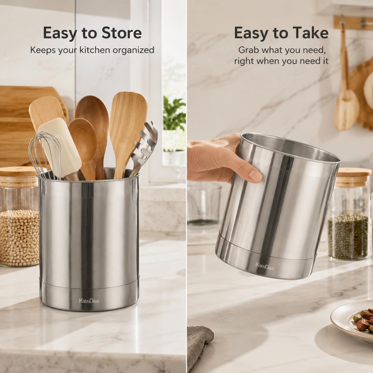 7" Wide Large Utensil Holder Stainless Steel, 6.2" Deep | Jumbo 7.0" H 7.0" W, Doubled Heavy Base for Stable
