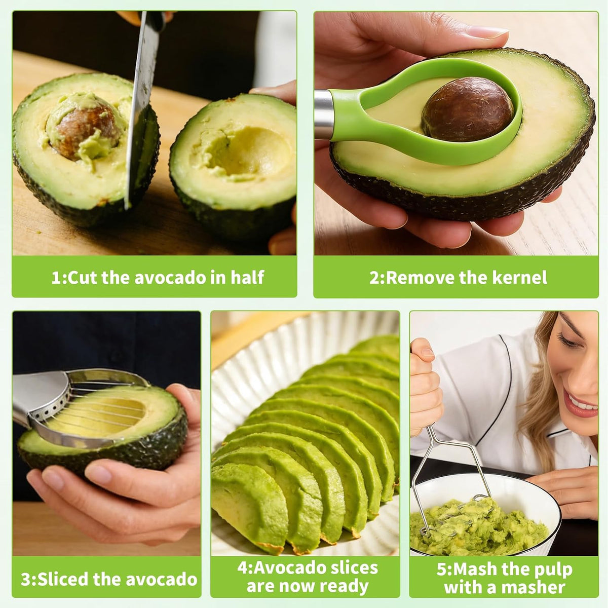 3 in 1 Avocado Slicer Tool, Avocado Cutter Pitter Peeler and Scooper, Stainless Steel Avocado Pit Remover with 2pcs Potato Masher, Dishwasher Safe Fruit Slicer for Guacamole, Avocado Toast, Salad