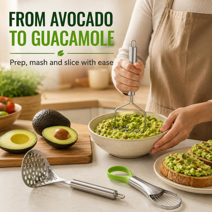 3 in 1 Avocado Slicer Tool, Avocado Cutter Pitter Peeler and Scooper, Stainless Steel Avocado Pit Remover with 2pcs Potato Masher, Dishwasher Safe Fruit Slicer for Guacamole, Avocado Toast, Salad